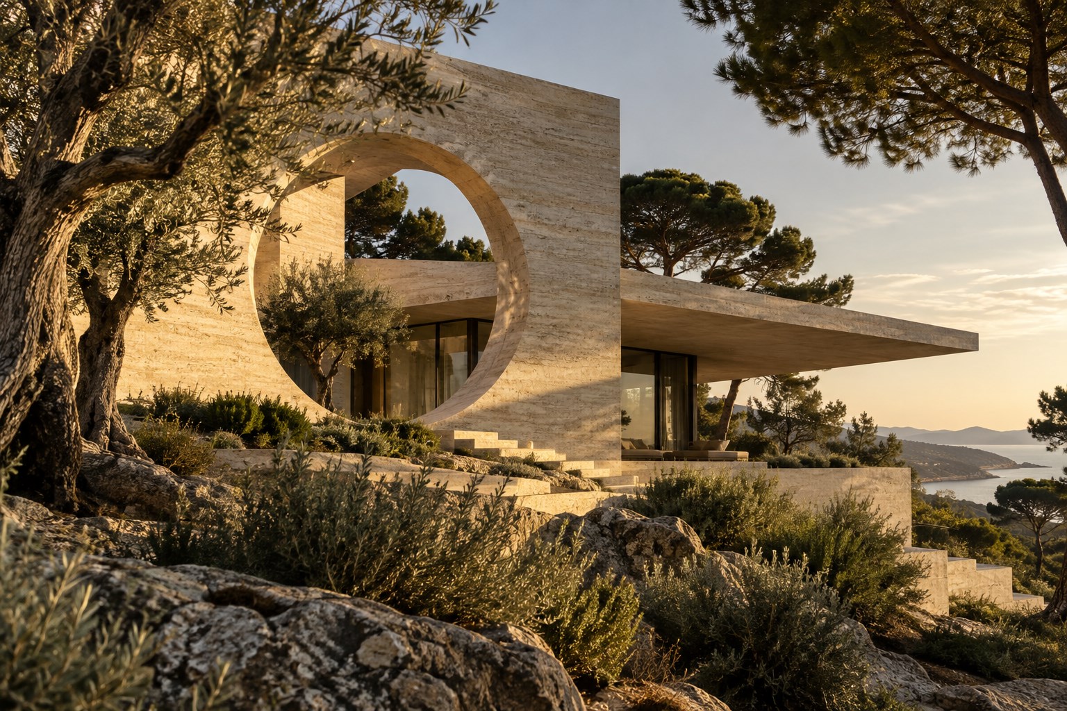 Sculpturale travertijnen villa tussen mediterrane bomen